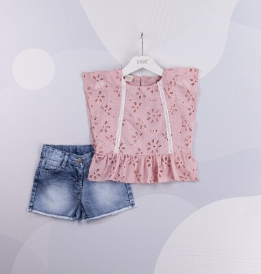 Wholesale Girls 2-Piece Blouse and Denim Shorts Set 2-5Y Sani 1068-9861 Пудра