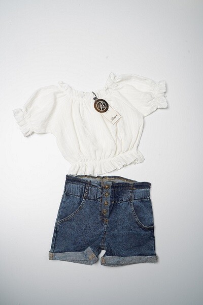 Wholesale Girls 2-Piece Blouse and Denim Shorts Set 6-10Y Büşra Bebe 1016-23167 - 1