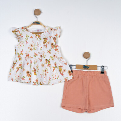 Wholesale Girl's 2-Piece Floral Pattern Blouse and Muslin Shorts Set 2-5Y Timo 1018-TK5DT012243852 Оранжевый 