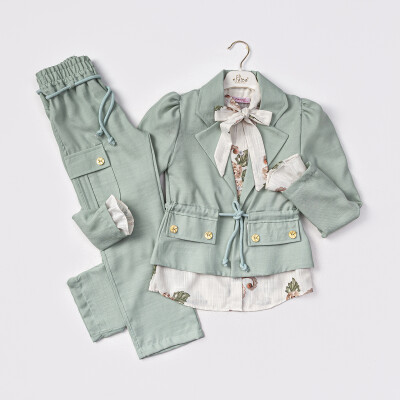 Wholesale Girls 2-Piece Jacket Shirt and Trousers Set 6-12Y Tivido 1042-2552 Хаки 