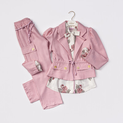 Wholesale Girls 2-Piece Jacket Shirt and Trousers Set 6-12Y Tivido 1042-2552 Пудра