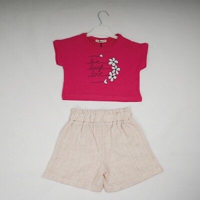 Wholesale Girls 2-Piece T-shirt and Linen Shorts 7-10Y Büşra Bebe 1016-23175 Бежевый 