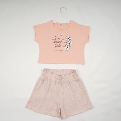 Wholesale Girls 2-Piece T-shirt and Linen Shorts 7-10Y Büşra Bebe 1016-23175 Пудра