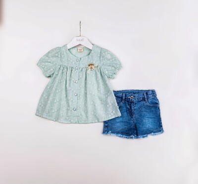 Wholesale Girls 2-Pieces Blouse and Denim Short Set 2-5Y Sani 1068-2344 Мятно-зеленый