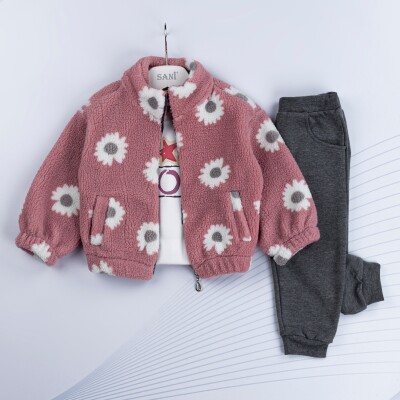Wholesale Girls 3-Piece Cardigan T-Shirt and Sweatpants Set 1-4Y Sani 1068-4934 Розовый 