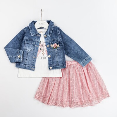 Wholesale Girls 3-Piece Denim Jacket Skirt and T-Shirt Set 2-5Y Sani 1068-2302 Пудра