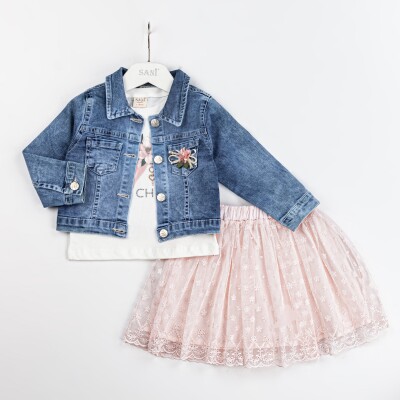 Wholesale Girls 3-Piece Denim Jacket Skirt and T-Shirt Set 2-5Y Sani 1068-2302 - Sani (1)