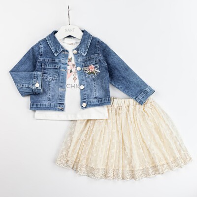 Wholesale Girls 3-Piece Denim Jacket Skirt and T-Shirt Set 2-5Y Sani 1068-2302 - 3