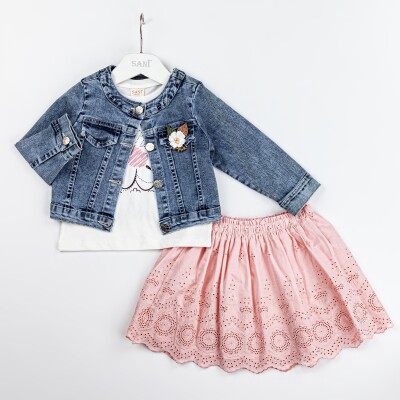 Wholesale Girls 3-Piece Denim Jacket Skirt T-Shirt Set 2-5Y Sani 1068-2301 Пудра