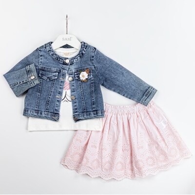 Wholesale Girls 3-Piece Denim Jacket Skirt T-Shirt Set 2-5Y Sani 1068-2301 - 2