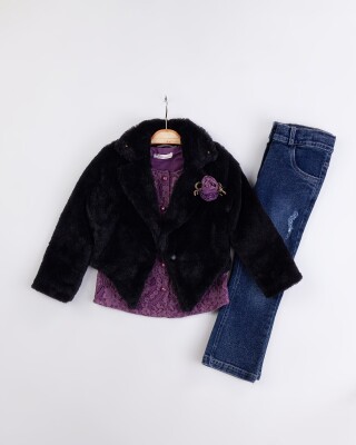 Wholesale Girl's 3-Piece Fur Jacket Lace Blouse Jeans Pants Set with Bag 2-6Y Miss Lore 1055-5716 - 2