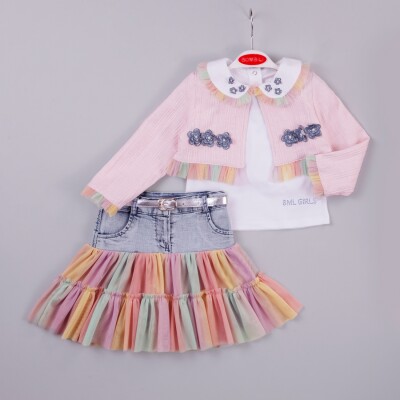 Wholesale Girls 3-Piece Jacket, Badi and Skirt Set 1-4Y Bombili 1004-6320 Пудра