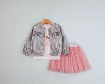 Wholesale Girl's 3-Piece Leather Jacket, Tulle Skirt and Body Suit 1-4Y BabyRose 1002-4590 Пыльная роза