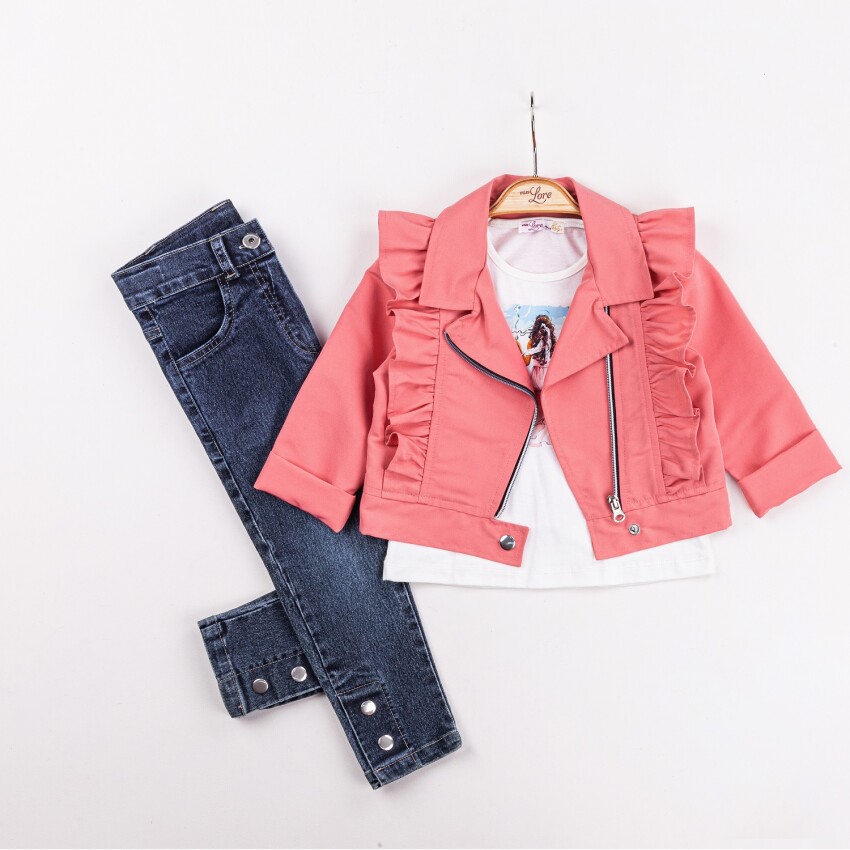 Wholesale Girls 3-Pieces Jacket, T-shirt and Denim Pants Set 2-6Y Miss Lore 1055-5604 - 5