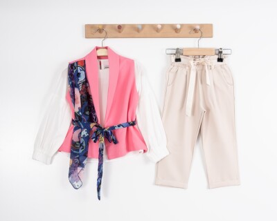 Wholesale Girls 3 Pieces Vest, Blouse and Pants Set 3-7Y Moda Mira 1080-7134 Пурпурный 