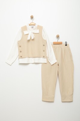 Wholesale Girls 3-Pieces Vest, Shirt and Pants Set 6-9Y Pafim 2041-Y24-4016 Бежевый 