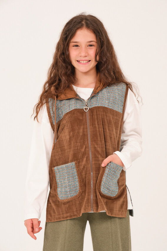 Wholesale Girl's Pocket Detailed Hooded Vest 8-15Y Jazziee 2051-252J4MTR23 - 1