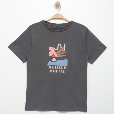 Wholesale Girls Printed T-Shirt XS-S-M-L Divonette 1023-8049-5 Темно-серый 