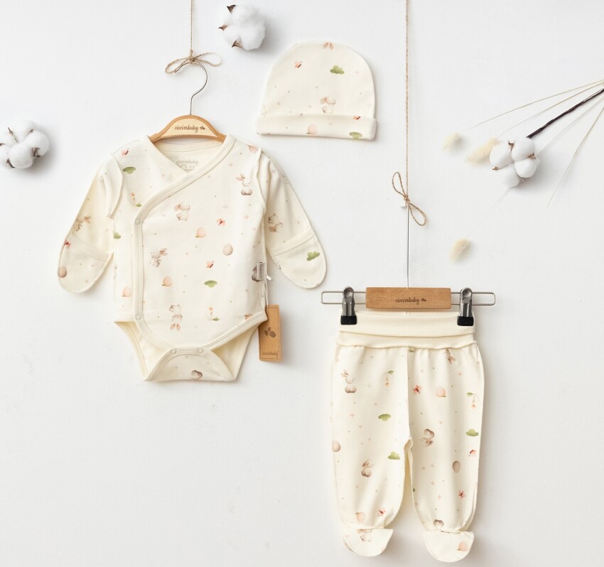 Wholesale Newborn Baby Girl 3-Piece Bodysuit, Pants, and Hat Set 0-3M Ciccimbaby 1043-5067 - 1