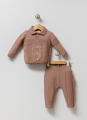 Wholesale Unisex Baby 2-Piece Knitwear Cardigan and Pants Set 0-9M Milarda 2001-6030 Коричневый 
