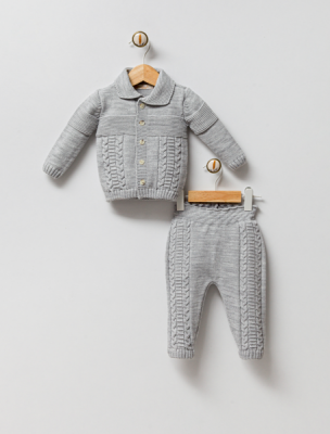 Wholesale Unisex Baby 2-Piece Knitwear Cardigan and Pants Set 0-9M Milarda 2001-6030 Светло-серый