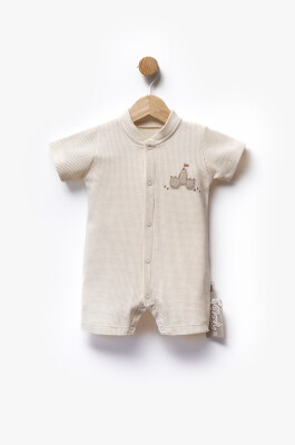 Self Patterned Waffle Fabric Castle Embroidered Short Sleeve Jumpsuit 3-9M Flexi Baby 2063-236596 Cream