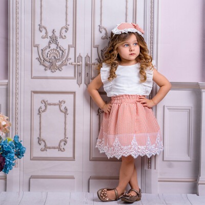 Striped Dress with Guipure Details & Tulle and Linings Headband 2-8Y KidsRoom 1031-5415 - KidsRoom