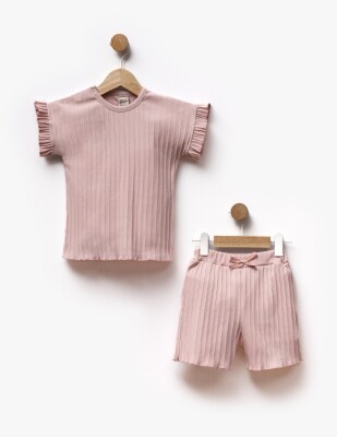 Striped Patterned Fabric Gathered Sleeves T-Shirt Shorts Two Piece Set 2-5Y Flexi Baby 2063-217590 Pink