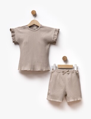 Striped Patterned Fabric Gathered Sleeves T-Shirt Shorts Two Piece Set 2-5Y Flexi Baby 2063-217590 Beige