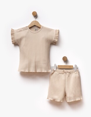 Striped Patterned Fabric Gathered Sleeves T-Shirt Shorts Two Piece Set 2-5Y Flexi Baby 2063-217590 Cream