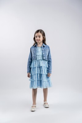  Toptan Kız Çocuk 2'li Dantelli Elbise ve Kot Ceket Takım 5-8Y Eray Kids 1044-13236 - 1