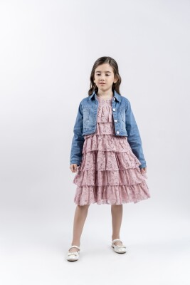  Toptan Kız Çocuk 2'li Dantelli Elbise ve Kot Ceket Takım 5-8Y Eray Kids 1044-13236 Pudra