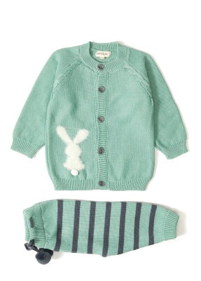 100% Organic Cotton With GOTS Certified Knitwear Bunny Stripe Two Piece Set 3-12M Uludağ Triko 1061-21033 Çağla Yeşili