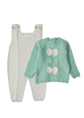 100% Organic Cotton With GOTS Certified Knitwear Two Piece Set Bow Cardigan&Wicker Diamond Jumpsuit Yeşil