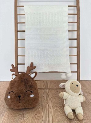 Baby Knitted Throw Ponpon Blanket Jojomini 1062-97102 Beyaz