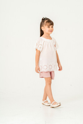 Daire Nakışlı Bluzlu 2'li Kız Takım 2-5Y Sani 1068-30039 White-Pink