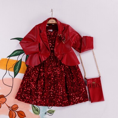 Deri Ceket Pullu Elbise Çantalı Takım Miss Lore 1055-5222 Kırmızı