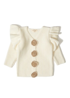 Organic Cotton Cardigan with Floral Button for Baby Girl Uludağ Triko 1061-21049-1 Ekru
