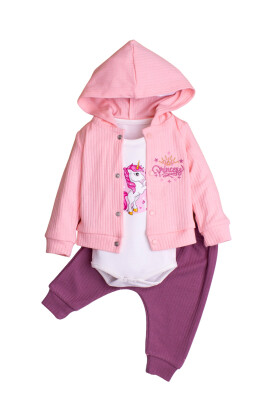 Princess Nakışlı Zıbınlı 3'lü Takım 3-12M Kidexs 1026-90177 Pembe