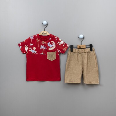 Toptan 2'li Baskılı T-Shirt ve Şort Takım 2-5Y Kumru Bebe 1075-3892 Kırmızı