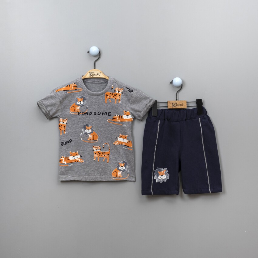 Toptan 2'li Çizgili Aslan Baskılı T-Shirt ve Şort Takım 2-5Y Takım Kumru Bebe 1075-3896 - 3