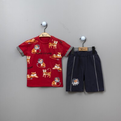 Toptan 2'li Çizgili Aslan Baskılı T-Shirt ve Şort Takım 2-5Y Takım Kumru Bebe 1075-3896 Kırmızı