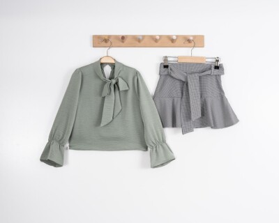 Toptan 2'li Kız Çocuk Bluz ve Etek Takım 4-8Y Moda Mira 1080-7012 Haki