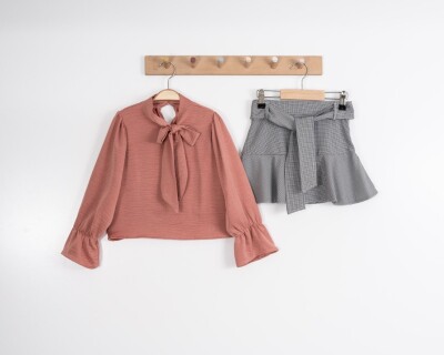 Toptan 2'li Kız Çocuk Bluz ve Etek Takım 4-8Y Moda Mira 1080-7012 - 3