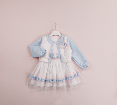 Toptan 2'li Kız Çocuk Bolerolu Elbise 1-4Y BabyRose 1002-4085 Mavi