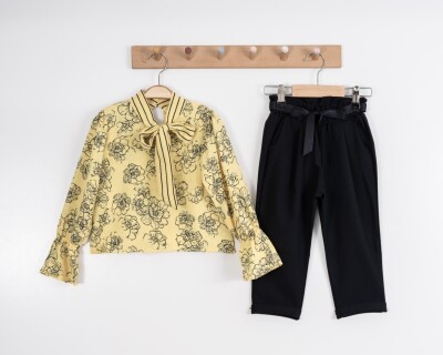 Toptan 2'li Kız Çocuk Çiçek Desenli Bluz ve Pantolon Takım 8-12Y Moda Mira 1080-7117 Sarı