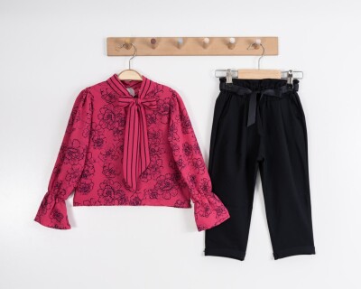 Toptan 2'li Kız Çocuk Çiçek Desenli Bluz ve Pantolon Takım 8-12Y Moda Mira 1080-7117 Fuşya
