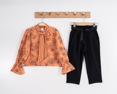 Toptan 2'li Kız Çocuk Çiçek Desenli Bluz ve Pantolon Takım 8-12Y Moda Mira 1080-7117 Turuncu