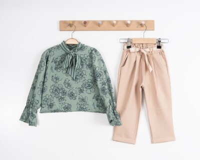 Toptan 2'li Kız Çocuk Çiçek Desenli Bluz ve Pantolon Takım 8-12Y Moda Mira 1080-7117 Haki