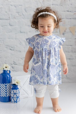 Toptan 2'li Kız Çocuk Mavi Çiçek Desenli Bluz ve Fiyonklu Tayt Takım 2-7Y Zeyland 1070-231M4GVO76 - Zeyland